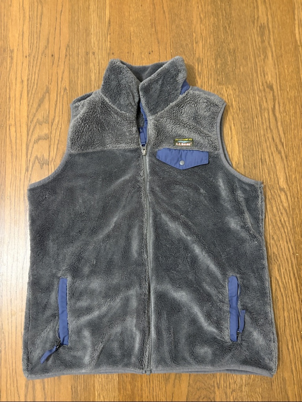 L.L. Bean Gray Fleece Vest with Blue Trim for women size L